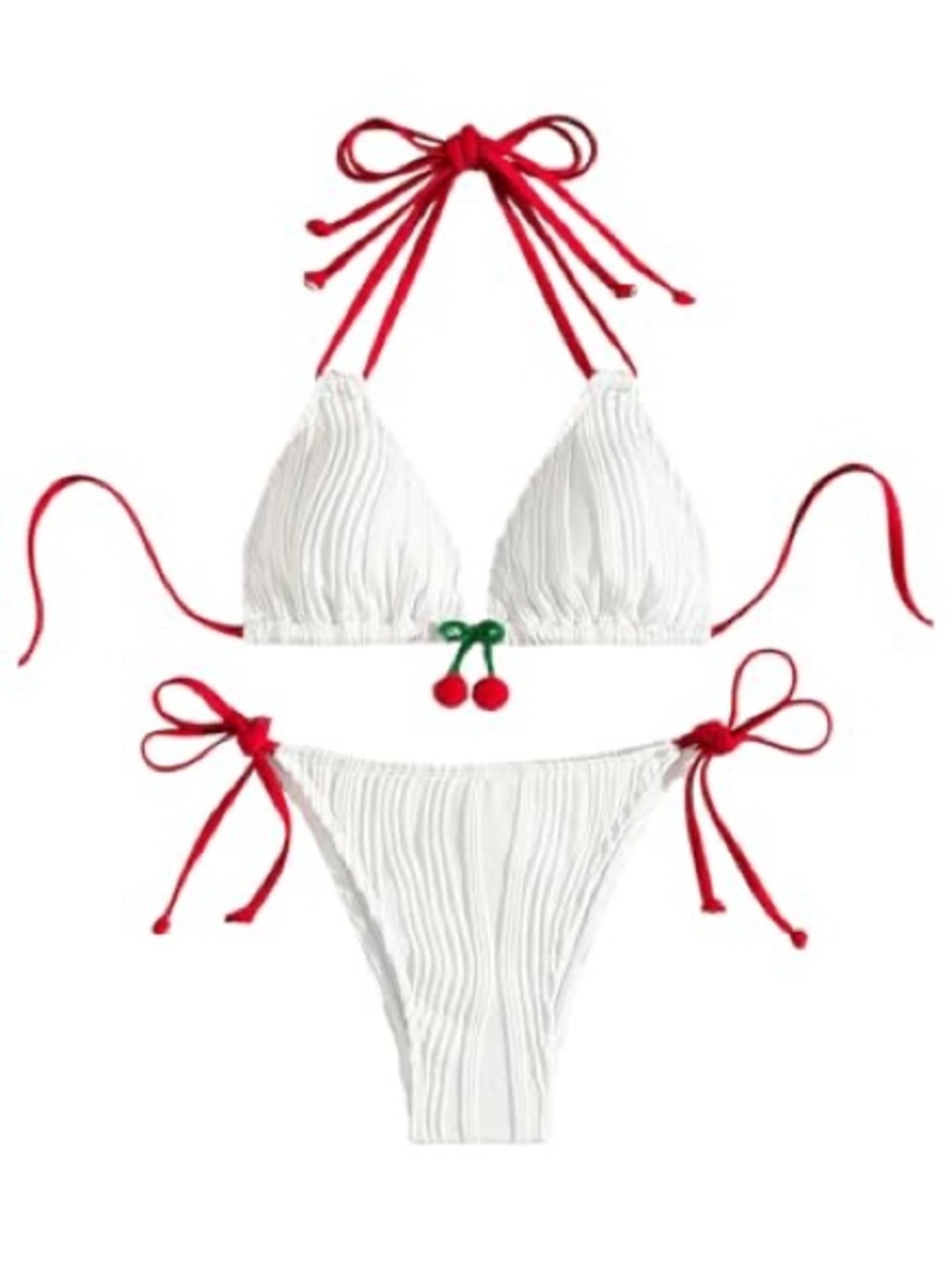 Crochet 3D Red Cherry Color Block White Triangle Bikini Top Size 1XL - Picture 5 of 5